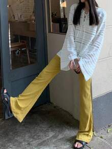 Damen Pullover in Große Größen mit einfarbigem weiten Ärmel, Ausschnitt zum Binden und Hohlmuster, Herbst/Winter