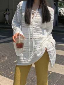 Damen Pullover in Große Größen mit einfarbigem weiten Ärmel, Ausschnitt zum Binden und Hohlmuster, Herbst/Winter