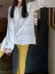 Damen Pullover in Große Größen mit einfarbigem weiten Ärmel, Ausschnitt zum Binden und Hohlmuster, Herbst/Winter