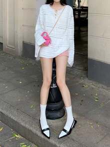 Damen Pullover in Große Größen mit einfarbigem weiten Ärmel, Ausschnitt zum Binden und Hohlmuster, Herbst/Winter