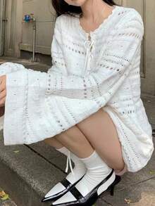 Damen Pullover in Große Größen mit einfarbigem weiten Ärmel, Ausschnitt zum Binden und Hohlmuster, Herbst/Winter