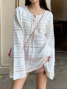 Damen Pullover in Große Größen mit einfarbigem weiten Ärmel, Ausschnitt zum Binden und Hohlmuster, Herbst/Winter