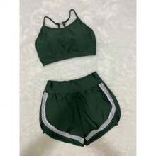 Women's Gym Fitness Set Double Shorts And Top With Pads - 軍綠色 - 查看 1
