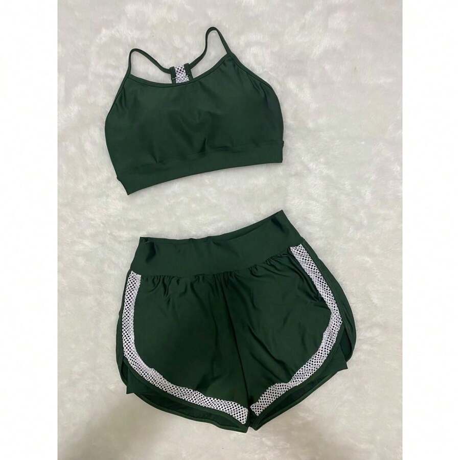 Women's Gym Fitness Set Double Shorts And Top With Pads - 軍綠色 - 查看 1
