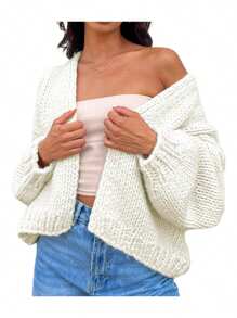 Female Sweater, Contrast Color/ Solid Color Long Sleeve Loose Knitted Cardigan For Fall Winter - White - View 5