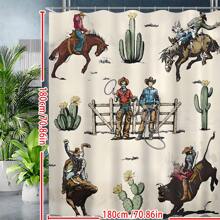 1pc Western Cowboy Shower Curtain, Farmhouse Rodeo Riding Horse Bull Vintage Wild West Rustic Cactus Country Shower Curtain, 12 Packs Hooks Home Bathroom Decor Fall Decor Bathroom Accessories Back To School