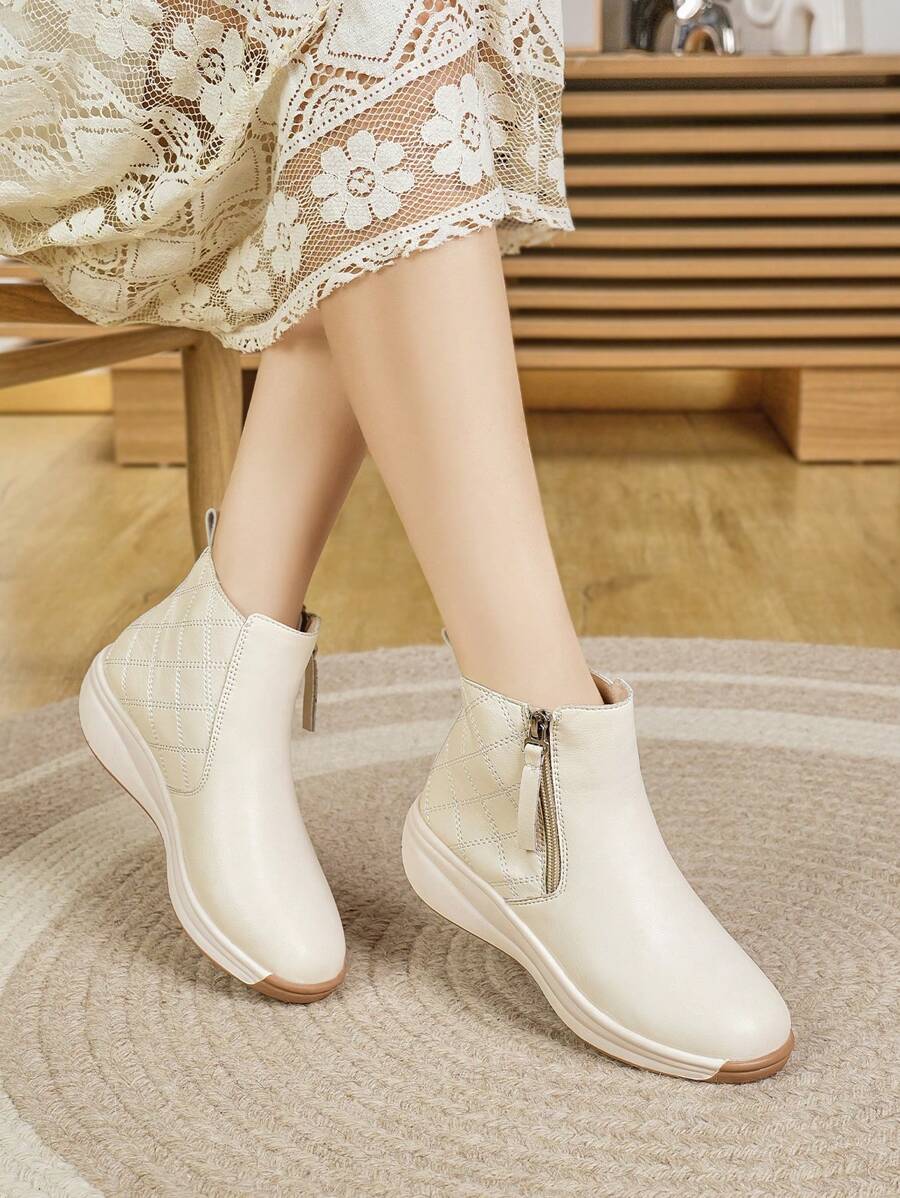 New Thick Sole High-Top Casual Shoes For Women, Fashion Versatile Lightweight Soft Bottom Anti-Slip Durable Side Zipper Mid-Calf Boots, Spring & Autumn