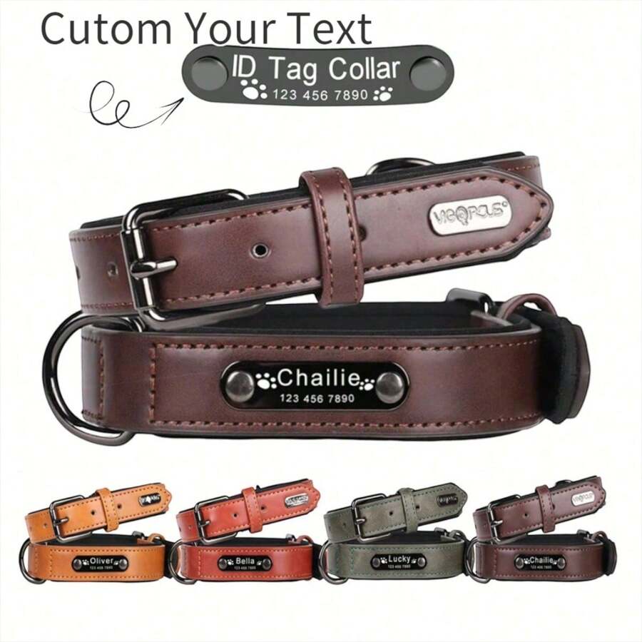 1 件可定制复古重型定制 PU 皮革狗项圈（可选皮带），黑色亮面金属片，带个性化雕刻，适合大型、中型和小型犬 - 深棕色 - 查看 1