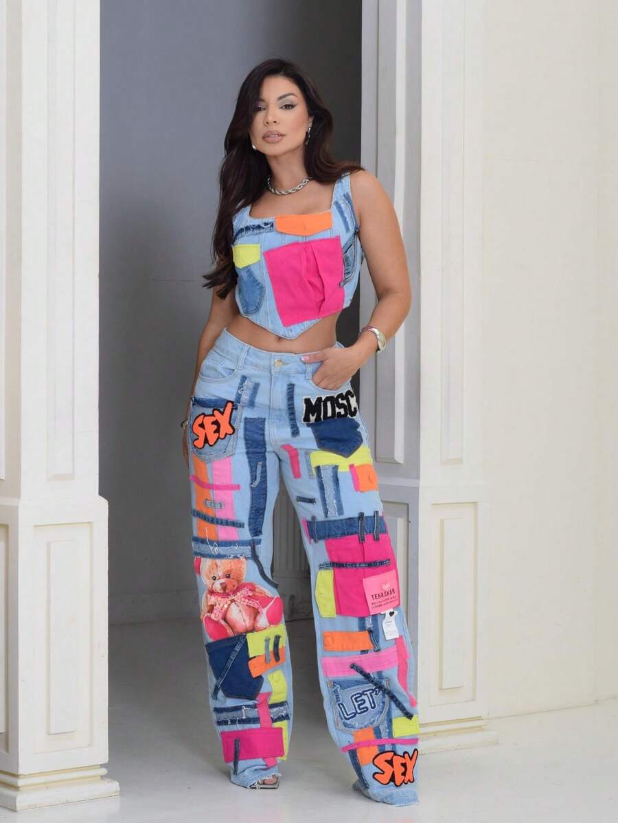 Wed Leg Jeans Set + Short Jacket With Pink And Delicate Metal Details - Rửa trung bình - Xem 1