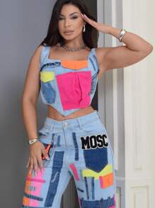 Wed Leg Jeans Set + Short Jacket With Pink And Delicate Metal Details - Rửa trung bình - Xem 3