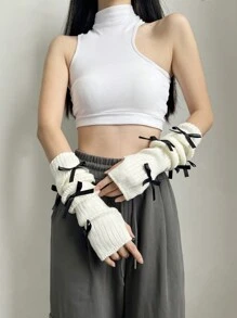 1 Set Women's Fashion Yoga Ballet Style White Arm Sleeves, Black Knitted Arm Warmers, Pink Aesthetic Fingerless Gloves With Bow Decor, Streetwear Y2K Vibe Arm Sleeves Suitable For Daily Wear, Dates, Home, Outdoor - XN358# - View 6