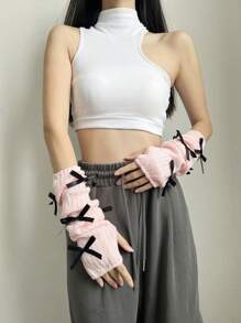 1 Set Women's Fashion Yoga Ballet Style White Arm Sleeves, Black Knitted Arm Warmers, Pink Aesthetic Fingerless Gloves With Bow Decor, Streetwear Y2K Vibe Arm Sleeves Suitable For Daily Wear, Dates, Home, Outdoor - XN358# - View 3