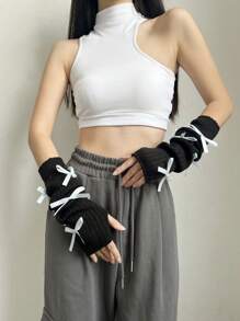 1 Set Women's Fashion Yoga Ballet Style White Arm Sleeves, Black Knitted Arm Warmers, Pink Aesthetic Fingerless Gloves With Bow Decor, Streetwear Y2K Vibe Arm Sleeves Suitable For Daily Wear, Dates, Home, Outdoor - XN358# - View 4