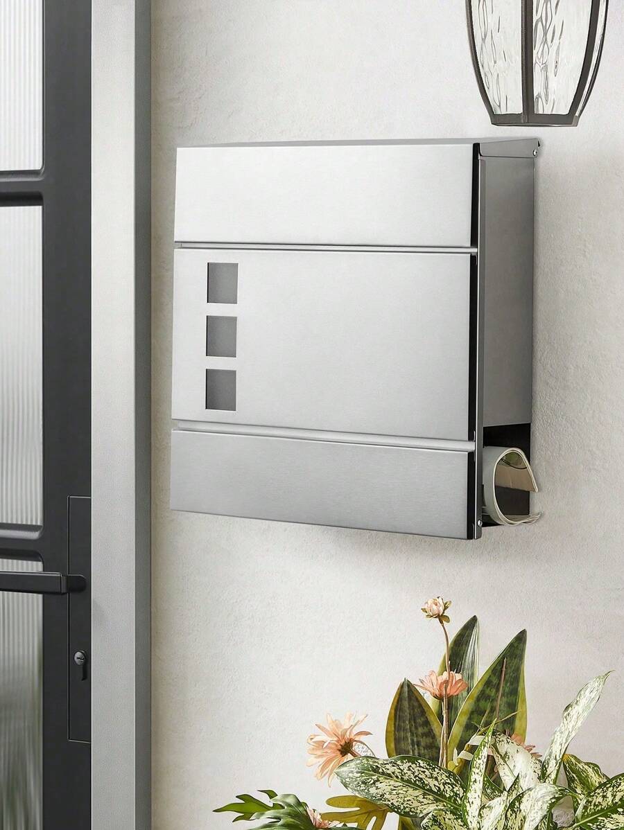 SONGMICS Stainless Steel Modern Letter Box With Newspaper Holder, Lid, Lockable, Easy To Install, Silver - Silver - View 1