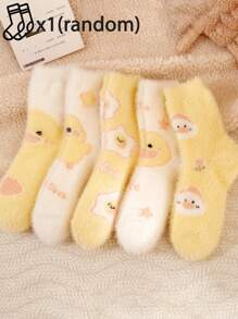 1/2/3 Pairs Random Color Women Cute Cartoon Duck Pattern Fluffy Warm Casual Home Mid-Calf Socks, Cozy - Multicolor - View 1