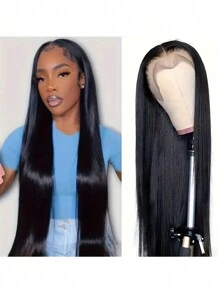 36英寸折扣直发真人发假发，150%密度，13*4蕾丝前真人发假发，长直发假发，无胶假发，女士真人发假发，女士真人发透明蕾丝前假发，外观自然，造型百变，圣诞装饰，女士圣诞礼物，预先拔毛的蕾丝前假发，真人发蕾丝前假发，适合各种场合，适合作为女士礼物（波波头假发6-16英寸） - 自然色&黑色系 - 查看 2