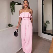 Women's Tailored Jumpsuit With Ruffles And Removable Belt, Strapless - Màu Hồng baby - Xem 2