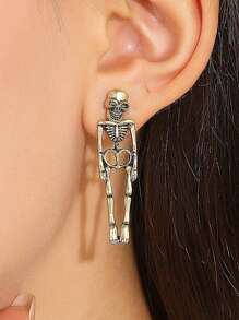 1 Par Pendientes Colgantes De Calavera/Esqueleto De Halloween Para Mujer De Estilo Minimalista, Joyería Gótica De Moda, Regalo De Halloween, Hip Hop, Rock, Pendientes Colgantes Geniales - Dorado - Ver 2