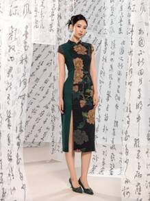 Short Sleeve Floral Designs Contrast Color New Chinese Style Cheongsam Qipao Dress - Black - View 3