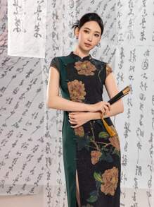 Short Sleeve Floral Designs Contrast Color New Chinese Style Cheongsam Qipao Dress - Black - View 5