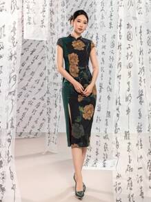 Short Sleeve Floral Designs Contrast Color New Chinese Style Cheongsam Qipao Dress - Black - View 4