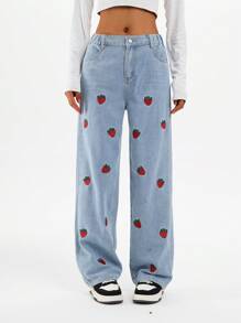 Teen Girl Casual Blue Strawberry Print Loose Wide Leg Jeans, Fashion Straight Jeans - 藍色 - 查看 2
