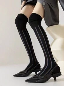 1 双女士宽松竖条纹过膝袜，撞色长腿保暖袜，修身小腿 - 彩色 - 查看 13