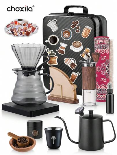 choxila 6/8/10/13/15件套手动咖啡机套装，含礼盒，适合派对和节日送礼，便携式咖啡礼盒，旅行咖啡配件，包含咖啡壶、温度计、带滤网的玻璃咖啡壶、椰子图案咖啡杯、咖啡滤纸和滤纸架、手动磨豆机、咖啡秤、咖啡勺、咖啡罐、喷雾瓶、咖啡豆托盘、咖啡垫、咖啡贴纸，返校季必备