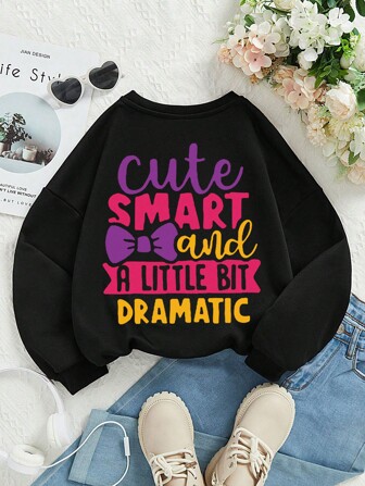 Tween Girl Cartoon Bowknot Slogan Print Sweatshirt Crewneck Sweatshirt For Girl Casual Comfy Fall Fashion Outfits Clothes