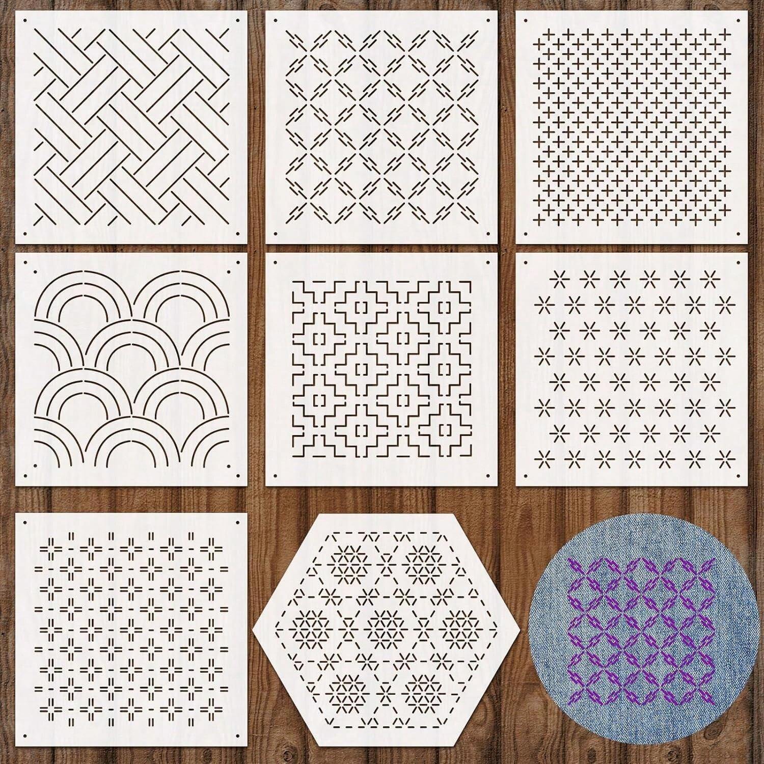 8 Pcs Plastic Sashiko Stencil Kit Geometric Sashiko Pattern Template