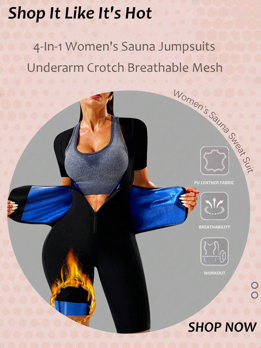 2024 Bản nâng cấp mới nhất Bộ đồ xông hơi toàn thân 4 trong 1 mùa xuân dành cho nữ Huấn luyện viên eo, Lưới thoáng khí nách và đáy quần, Khóa kéo an toàn, Thắt lưng có thể điều chỉnh - Màu xanh lam - Xem 1