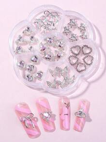 1 盒 35 件混合款式指甲贴纸 - 星星、蝴蝶结、心形等。适用于日常指甲装饰，欧洲和美国奢华风格铜镶嵌锆石，3D 简约，多功能，Y2K 金属指甲水晶和宝石，美甲装饰 - 彩色 - 查看 2