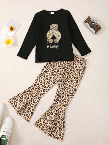 Bộ 2 món/Bộ áo nỉ cổ tròn in hình hoạt hình cho bé gái và quần ống loe họa tiết da báo thời trang, Thu/Đông - màu đen - Xem 1