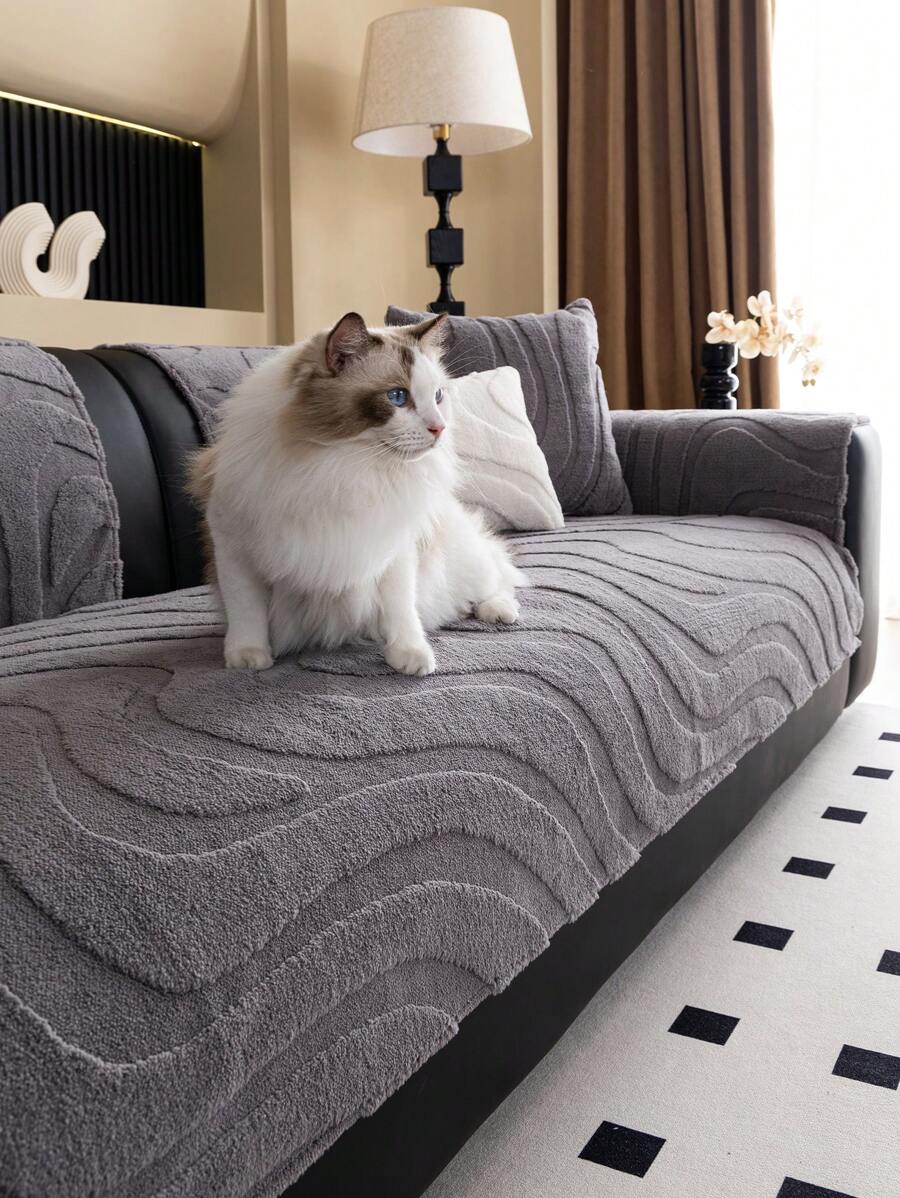 1 件厚实保暖天鹅绒提花防滑沙发垫,宠物友好型防脏沙发套,秋冬季宠物沙发垫,防猫抓沙发保护套适用于 L 形和 1/2/3/4 座沙发(单独出售) - 深灰色 - 查看 1