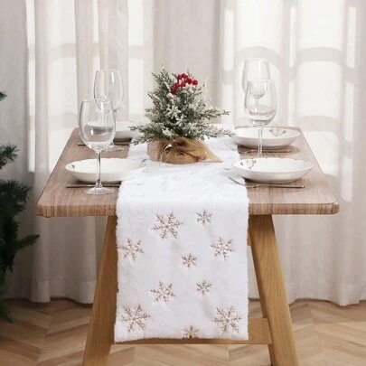 1pc Christmas White Fluffy Sequin Embroidered Table Runner, Dining Table Decor, Holiday Tableware Supplies