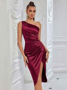 Elisanya One Shoulder Solid Color Pleated Accent Front Slit Cocktail Party Date Night Dress - Burgundy - View 3