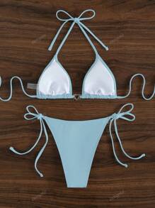 3pcs/Set Light Blue Bowknot Rhinestone Decor Bikini Set Swimwear With Cover-Up Shorts, Sunproof, For Summer Beach Vacation