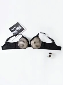 Sujetador de lencería de talla grande para mujer con aros, diseño de contraste de color de malla acolchada y push up para curvas, diseño sexy - Negro - Ver 9