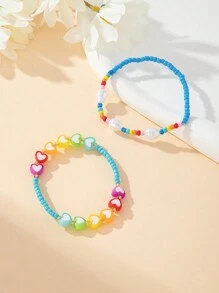 2 件套时尚甜美波西米亚风格时髦珠宝彩色串珠心形手链，适合女性派对、节日和日常佩戴 - 彩色的 - 查看 1