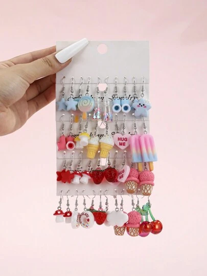 Set de 10 piezas de aretes con colgantes de paleta, dopamina, estrella, fresa y helado, botella de deseos con caramelos de colores, conjunto de aretes dulces adecuados para uso diario y fiestas de niñas