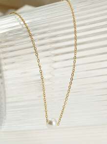 1 pieza Collar de perla barroca para mujer, gargantilla minimalista de acero inoxidable - Dorado - Ver 2