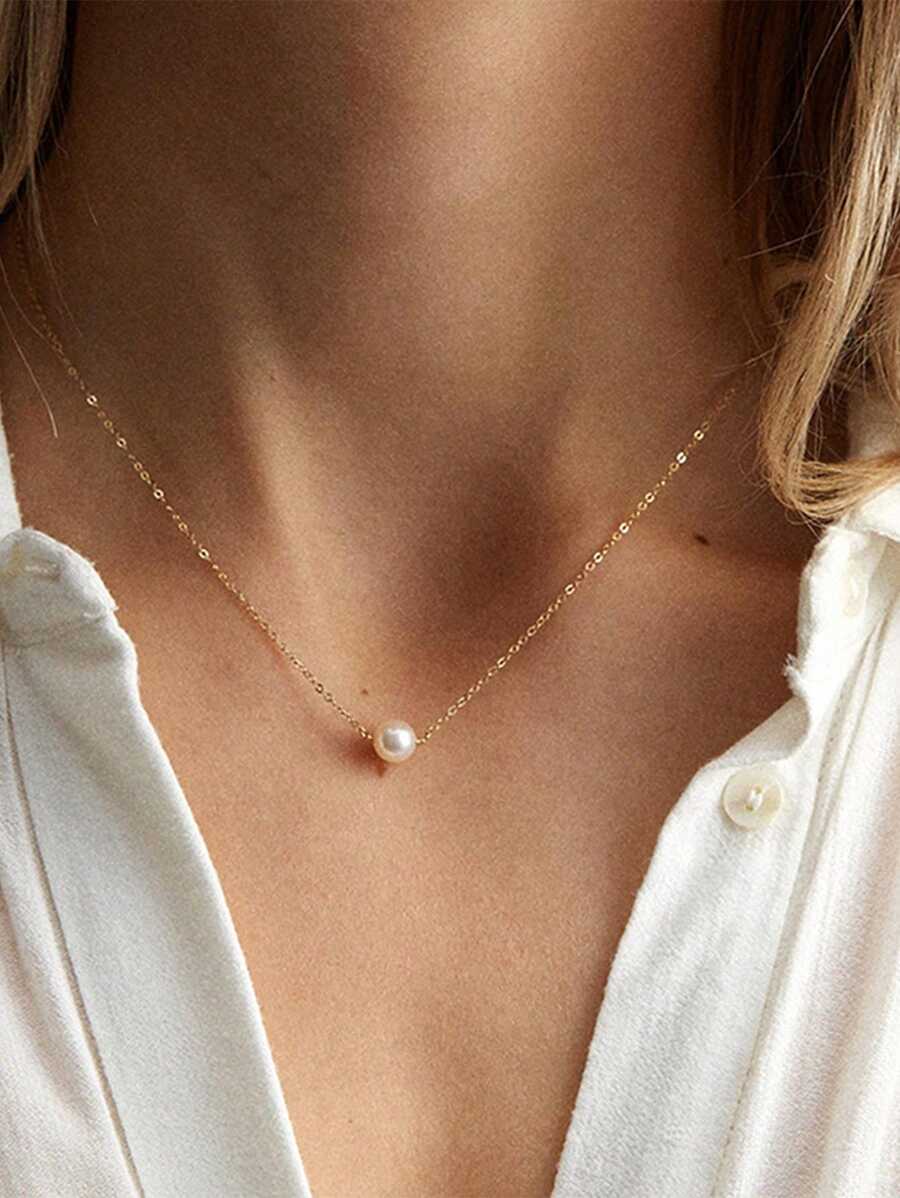 1 pieza Collar de perla barroca para mujer, gargantilla minimalista de acero inoxidable - Dorado - Ver 1