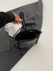 1 件 PU 欧美风格流苏包，新款时尚百搭重型铆钉链条斜挎手机包，高品质复古性感女士单肩水桶包，适合女性日常外出和通勤，Y2k 包，波西米亚风格女士包，2000 年代时尚风格女士包 - 黑色 - 查看 7