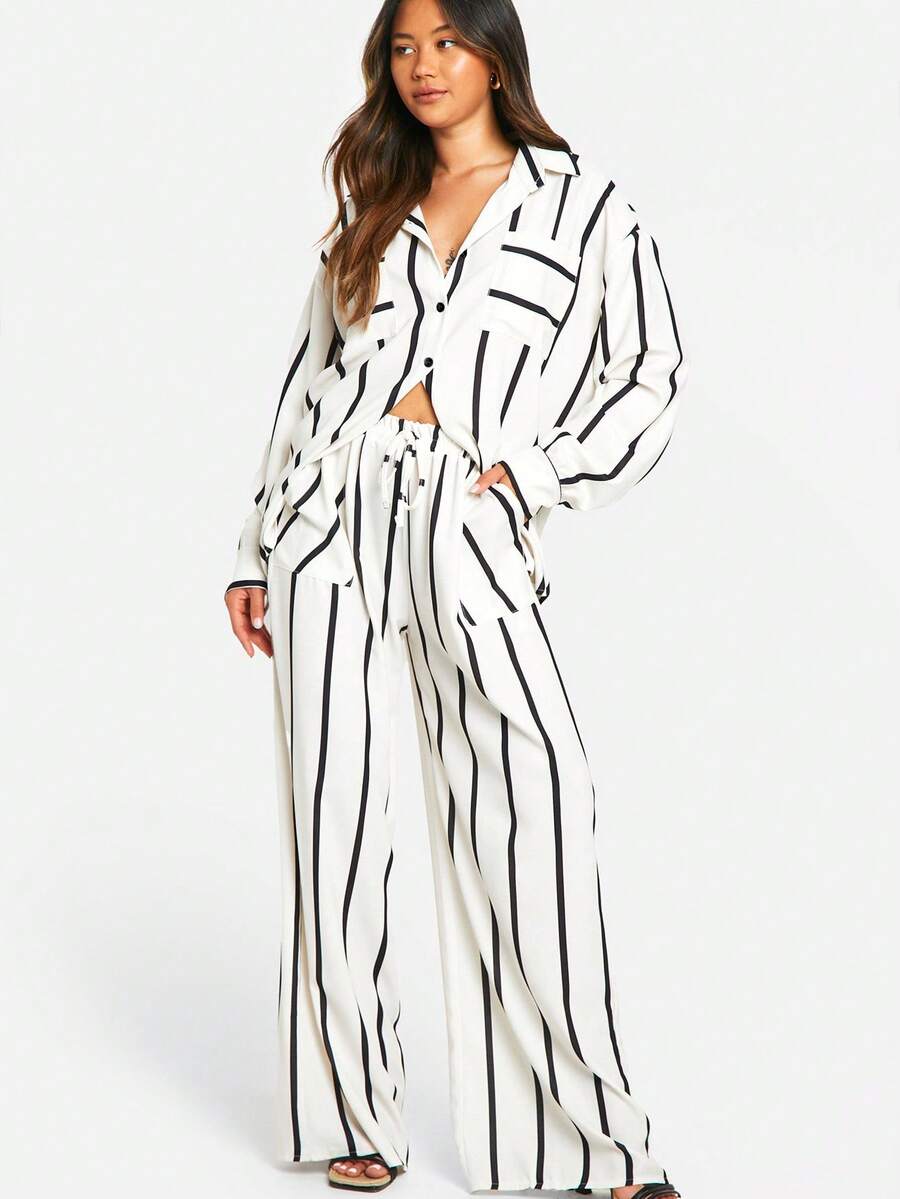 Bộ áo sơ mi cài nút cổ ve kẻ sọc hai mảnh thời trang và quần short - Bộ trang phục thường ngày dệt bằng polyester thoải mái cho mùa xuân/hè - Không co giãn, không in và không mỏng - Nhiều màu - Xem 1