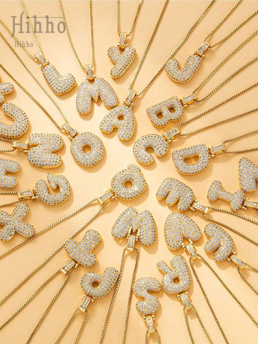 1 件/套 26 件不锈钢方晶锆石英文字母吊坠项链女士 - 金黃色 - 查看 1