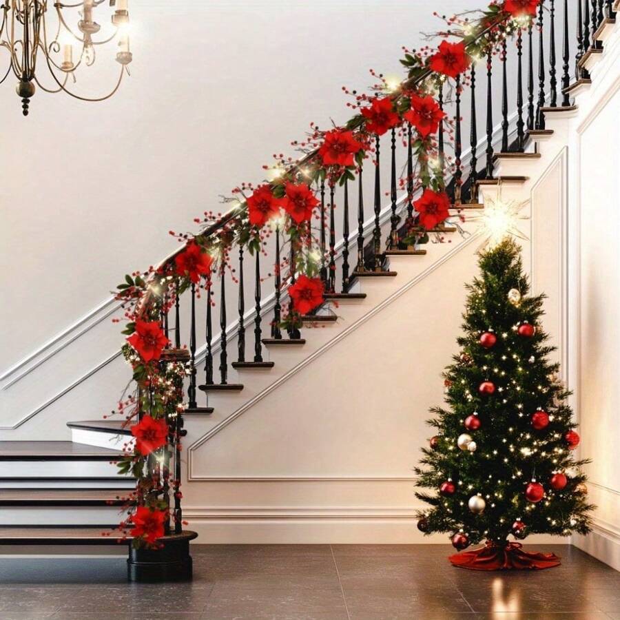 150cm/5FT Berry Christmas Garland, Artificial Poinsettia Garland With Red Berries And Holly Leaves, Pine Cone Garland For Christmas Holiday Party Decorations Christmas Décore Christmas Decoration - 紅色和綠色 - 查看 1