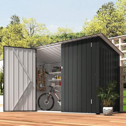  YODOLLA 2.1x0.9m Garden Shed Storage,Metal Lockable Outdoor Bike Shed With Door For 2-3 Bikes,Waterproof Galvanized Steel Tool Storage Shed For Garden Tools Base Size (D96x W203x H141cm)