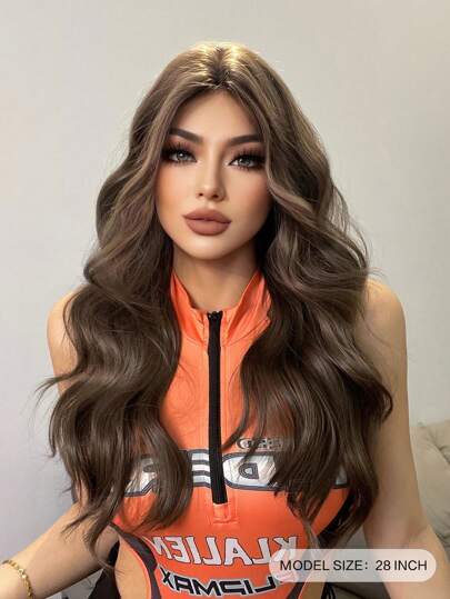 1 款合成耐热波浪假发棕色假发，28 英寸长，由纤维制成，适合日常使用，自然逼真的假发