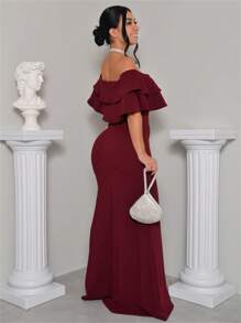 Formal Dress Off Shoulder Thigh Split Panty Dress Up Lurex Fabric - 酒紅色 - 查看 3