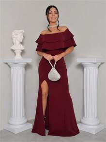 Formal Dress Off Shoulder Thigh Split Panty Dress Up Lurex Fabric - 酒紅色 - 查看 1